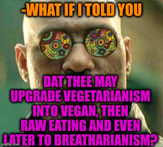 -Stages of stomach to complete. |  -WHAT IF I TOLD YOU; DAT THEE MAY UPGRADE VEGETARIANISM INTO VEGAN, THEN RAW EATING AND EVEN LATER TO BREATHARIANISM? | image tagged in acid kicks in morpheus,veganism,vegetarian,raw,eating healthy,united airlines | made w/ Imgflip meme maker