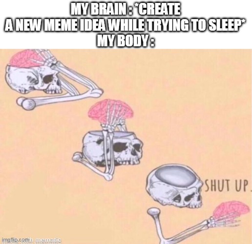 ok | MY BRAIN : *CREATE A NEW MEME IDEA WHILE TRYING TO SLEEP*
MY BODY : | image tagged in skeleton shut up meme | made w/ Imgflip meme maker