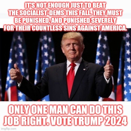 Trump / DeSantis 2024 | IT'S NOT ENOUGH JUST TO BEAT THE SOCIALIST-DEMS THIS FALL. THEY MUST BE PUNISHED, AND PUNISHED SEVERELY FOR THEIR COUNTLESS SINS AGAINST AMERICA. ONLY ONE MAN CAN DO THIS JOB RIGHT. VOTE TRUMP 2024 | image tagged in democrats,you're fired,forever | made w/ Imgflip meme maker