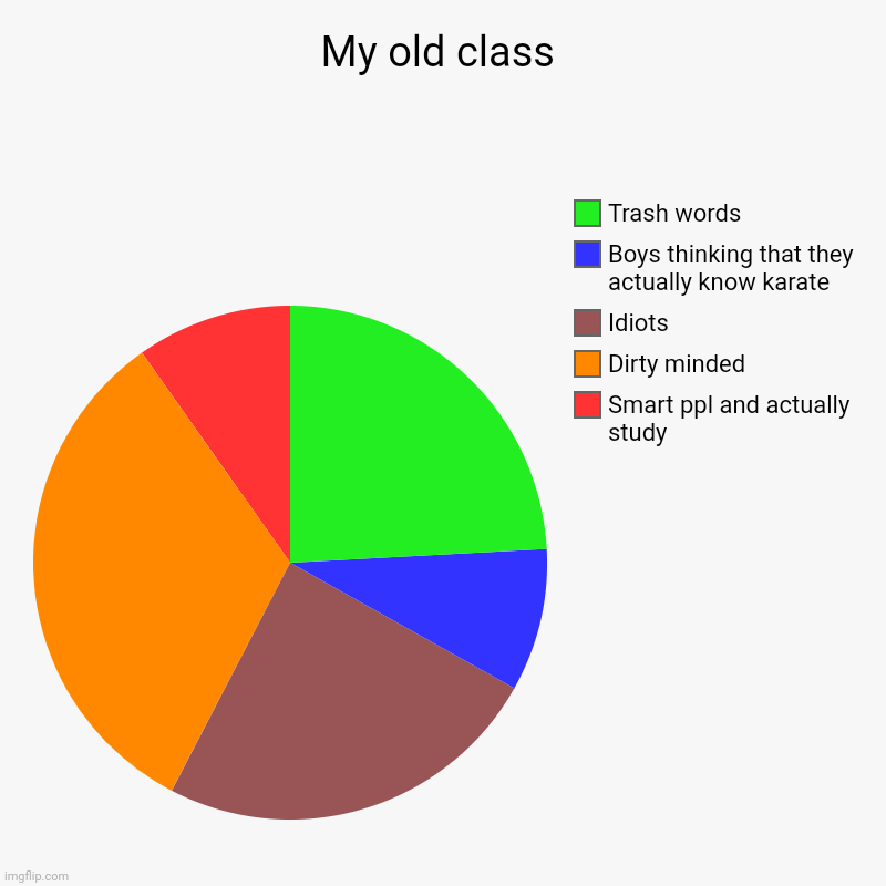 My old class be like | My old class | Smart ppl and actually study, Dirty minded, Idiots, Boys thinking that they actually know karate , Trash words | image tagged in charts,pie charts | made w/ Imgflip chart maker