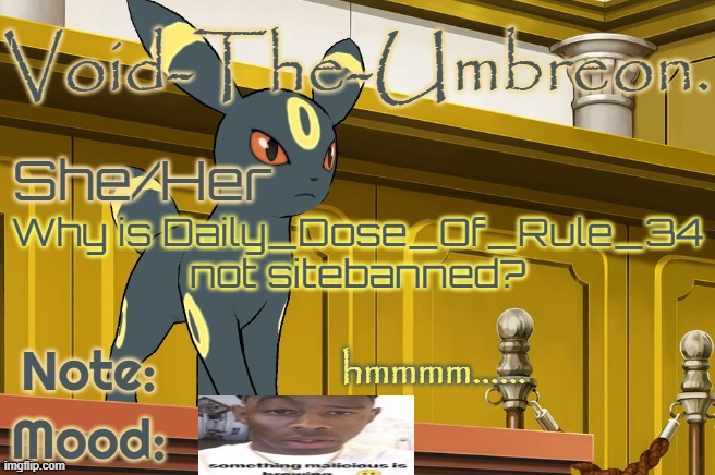 Void-The-Umbreon. Template | Why is Daily_Dose_Of_Rule_34 not sitebanned? hmmmm...... | image tagged in void-the-umbreon template | made w/ Imgflip meme maker