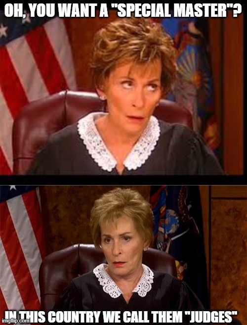 whoever thinks trump is ok in the head, then perhaps they are not. | OH, YOU WANT A "SPECIAL MASTER"? IN THIS COUNTRY WE CALL THEM "JUDGES" | image tagged in judge judy eye roll,judge judy unimpressed,donald trump is an idiot,memes,politics,maga | made w/ Imgflip meme maker