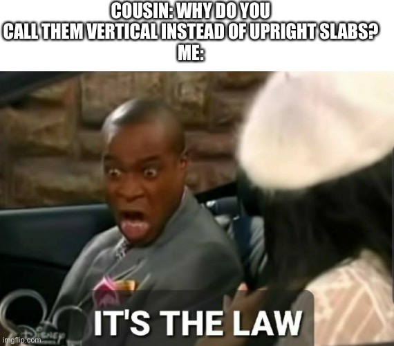 COUSIN: WHY DO YOU CALL THEM VERTICAL INSTEAD OF UPRIGHT SLABS?
ME: | image tagged in blank white template,it's the law | made w/ Imgflip meme maker
