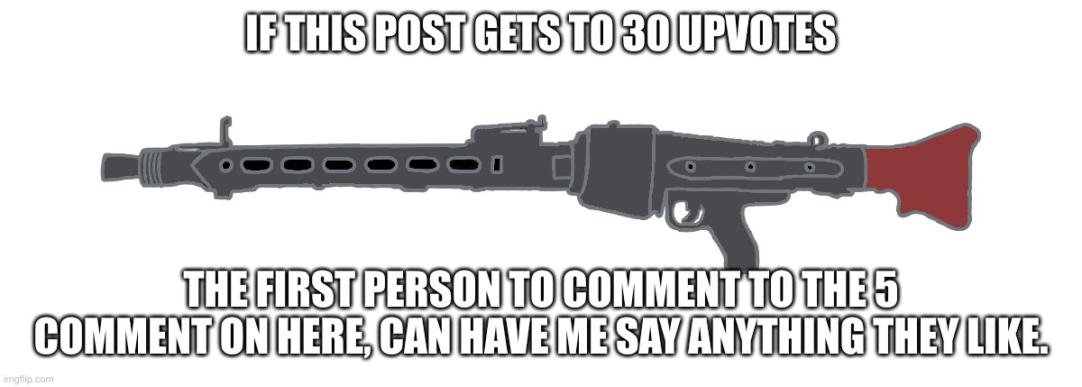 lolz | IF THIS POST GETS TO 30 UPVOTES; THE FIRST PERSON TO COMMENT TO THE 5 COMMENT ON HERE, CAN HAVE ME SAY ANYTHING THEY LIKE. | image tagged in mg-42 | made w/ Imgflip meme maker