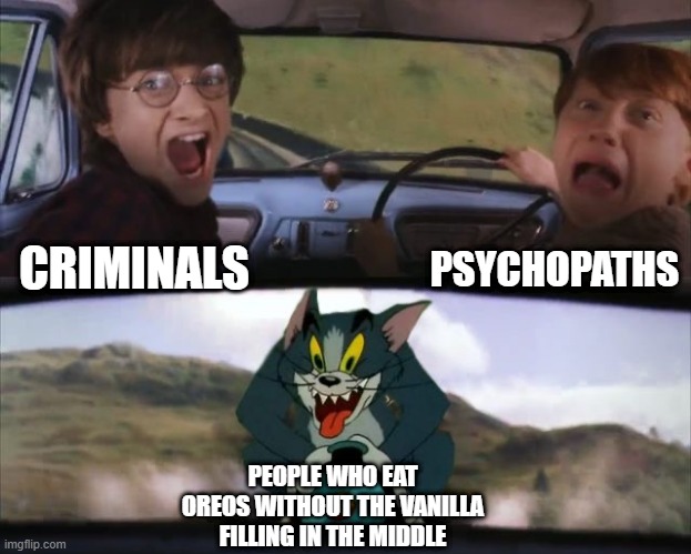 Tom chasing Harry and Ron Weasly |  PSYCHOPATHS; CRIMINALS; PEOPLE WHO EAT OREOS WITHOUT THE VANILLA FILLING IN THE MIDDLE | image tagged in tom chasing harry and ron weasly | made w/ Imgflip meme maker