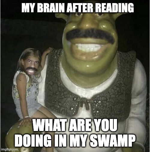 shrek was not the same after reading class | MY BRAIN AFTER READING; WHAT ARE YOU DOING IN MY SWAMP | image tagged in help | made w/ Imgflip meme maker