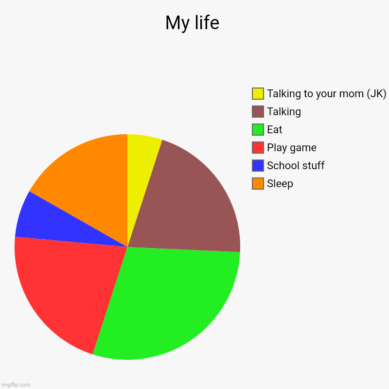 My life | Sleep, School stuff , Play game, Eat, Talking, Talking to your mom (JK) | image tagged in charts,pie charts | made w/ Imgflip chart maker