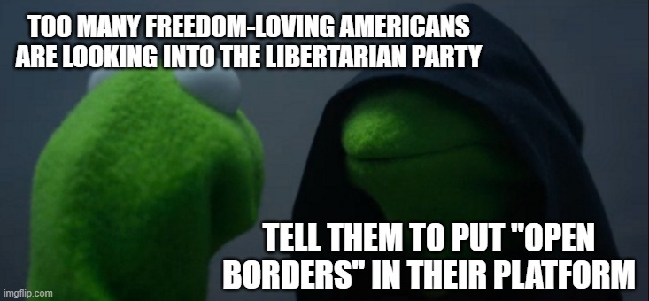 Libertarian Party is  Fake |  TOO MANY FREEDOM-LOVING AMERICANS ARE LOOKING INTO THE LIBERTARIAN PARTY; TELL THEM TO PUT "OPEN BORDERS" IN THEIR PLATFORM | image tagged in memes,evil kermit,libertarians,libertarian,democrats,democracy | made w/ Imgflip meme maker
