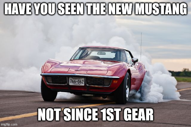 Corvette burning rubber | HAVE YOU SEEN THE NEW MUSTANG; NOT SINCE 1ST GEAR | image tagged in corvette burning rubber | made w/ Imgflip meme maker