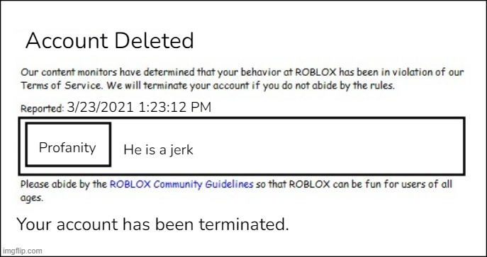 Banned from ROBLOX [2008 Interface Edition] | Account Deleted; 3/23/2021 1:23:12 PM; He is a jerk; Profanity; Your account has been terminated. | image tagged in banned from roblox 2008 interface edition | made w/ Imgflip meme maker