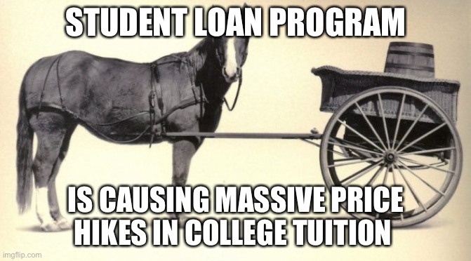 More failed policies | STUDENT LOAN PROGRAM; IS CAUSING MASSIVE PRICE HIKES IN COLLEGE TUITION | image tagged in the cart before the horse | made w/ Imgflip meme maker