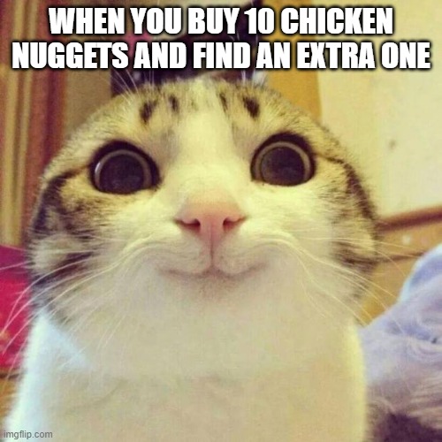 free Quesito | WHEN YOU BUY 10 CHICKEN NUGGETS AND FIND AN EXTRA ONE | image tagged in memes,smiling cat | made w/ Imgflip meme maker
