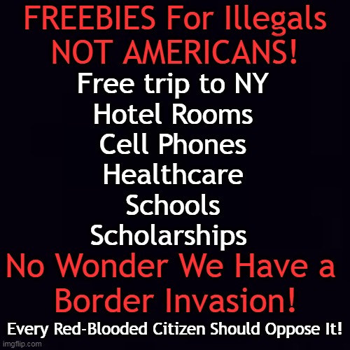 Joe & Kamala FUEL IT & Wonder "WHY' They Keep Coming...? PURE INSANITY! |  FREEBIES For Illegals
NOT AMERICANS! Free trip to NY
Hotel Rooms
Cell Phones
Healthcare
Schools
Scholarships; No Wonder We Have a 
Border Invasion! Every Red-Blooded Citizen Should Oppose It! | image tagged in politics,invasion,illegals,freebies,america,open borders | made w/ Imgflip meme maker