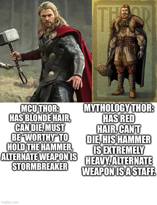 Nothing against The MCU, but they got Thor all wrong.This only begins to explain the details. | MYTHOLOGY THOR:
HAS RED HAIR, CAN’T DIE, HIS HAMMER IS EXTREMELY HEAVY, ALTERNATE WEAPON IS A STAFF. MCU THOR:
HAS BLONDE HAIR, CAN DIE, MUST BE “WORTHY” TO HOLD THE HAMMER, ALTERNATE WEAPON IS 
STORMBREAKER | made w/ Imgflip meme maker