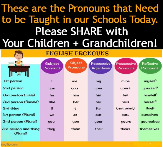 The Best Condensed Pronoun Chart | These are the Pronouns that Need 
to be Taught in our Schools Today. Please SHARE with
Your Children + Grandchildren! | image tagged in political meme,teach your children well,correct pronoun usage,education,not indoctrination,parenting | made w/ Imgflip meme maker