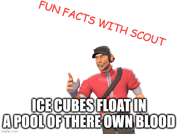 fun facts with scout | FUN FACTS WITH SCOUT; ICE CUBES FLOAT IN A POOL OF THERE OWN BLOOD | image tagged in blank white template | made w/ Imgflip meme maker