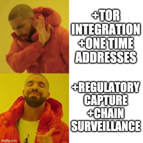Drake No/Yes | +TOR INTEGRATION
+ONE TIME ADDRESSES; +REGULATORY CAPTURE
+CHAIN SURVEILLANCE | image tagged in drake no/yes | made w/ Imgflip meme maker