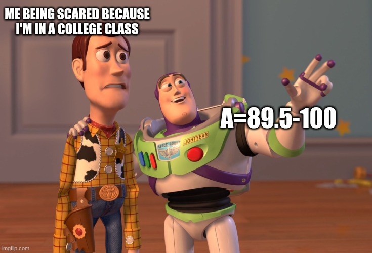 X, X Everywhere | ME BEING SCARED BECAUSE I'M IN A COLLEGE CLASS; A=89.5-100 | image tagged in memes,x x everywhere | made w/ Imgflip meme maker