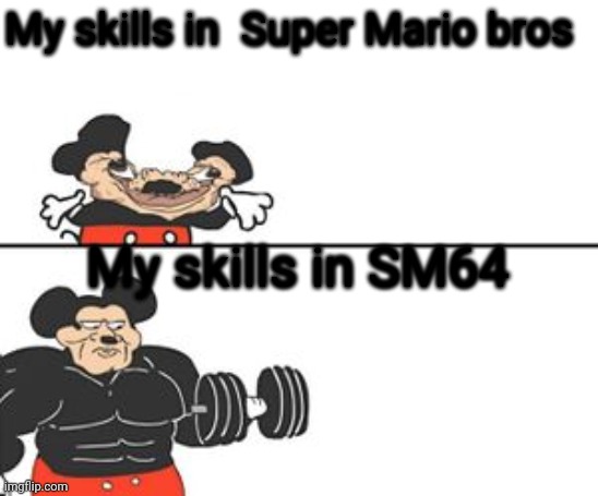 Buff Mokey | My skills in  Super Mario bros; My skills in SM64 | image tagged in buff mokey | made w/ Imgflip meme maker