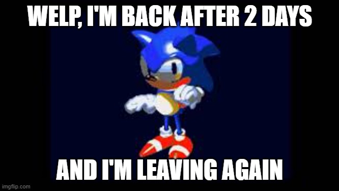 Prototype Sonic | WELP, I'M BACK AFTER 2 DAYS; AND I'M LEAVING AGAIN | image tagged in prototype sonic | made w/ Imgflip meme maker