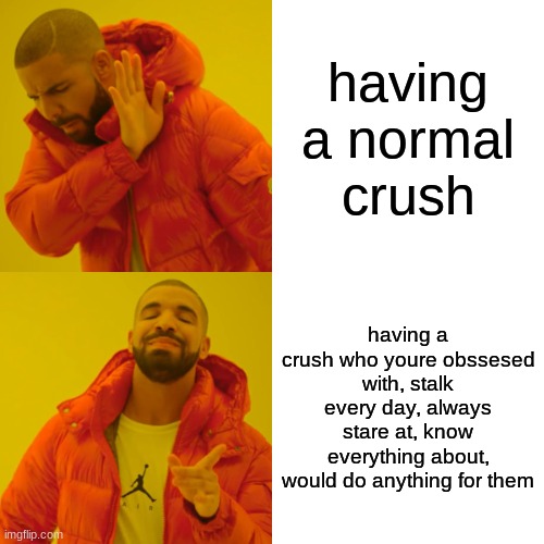 Drake Hotline Bling Meme | having a normal crush; having a crush who youre obssesed with, stalk every day, always stare at, know everything about, would do anything for them | image tagged in memes,drake hotline bling | made w/ Imgflip meme maker