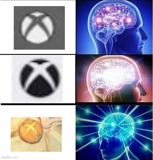 The new Xbox button | image tagged in expanding brain 3 panels | made w/ Imgflip meme maker