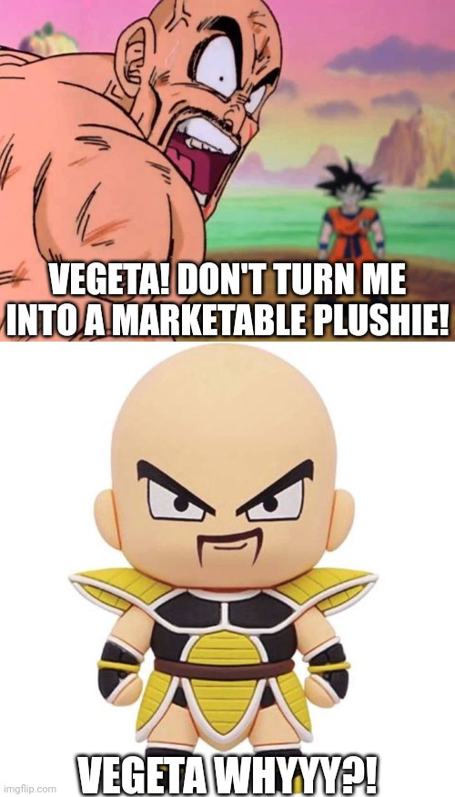 WHYYYY?! | VEGETA! DON'T TURN ME INTO A MARKETABLE PLUSHIE! VEGETA WHYYY?! | made w/ Imgflip meme maker