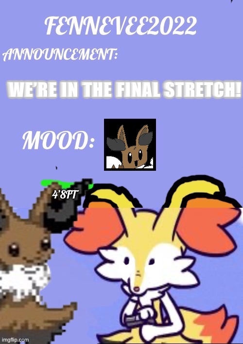 Fun Fact: Back in 2018 a wild Evaixen was found caring for 6 Nicketts that were abandoned by their trainers | WE’RE IN THE FINAL STRETCH! | image tagged in evaixen announcement template | made w/ Imgflip meme maker