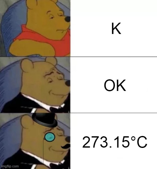 k | K; OK; 273.15°C | image tagged in fancy pooh | made w/ Imgflip meme maker