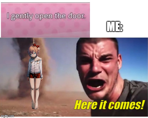 *Insert funny noose pun here* | ME:; Here it comes! | image tagged in here it come meme,ddlc,doki doki literature club,funny | made w/ Imgflip meme maker