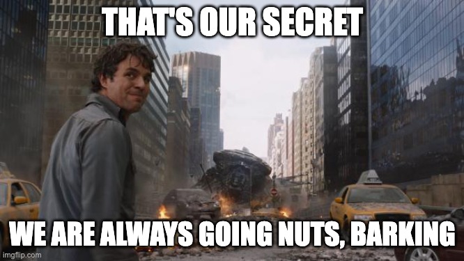 That's my secret | THAT'S OUR SECRET; WE ARE ALWAYS GOING NUTS, BARKING | image tagged in that's my secret | made w/ Imgflip meme maker