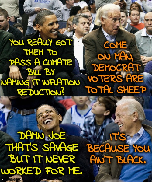 Inflation Scam | COME ON MAN, DEMOCRAT VOTERS ARE TOTAL SHEEP; YOU REALLY GOT
THEM TO PASS A CLIMATE BILL BY
NAMING IT INFLATION
REDUCTION? IT'S BECAUSE YOU AIN'T BLACK. DAMN JOE THAT'S SAVAGE BUT IT NEVER WORKED FOR ME. | image tagged in joe and barrack,joe biden,obama,memes,funny,democrats | made w/ Imgflip meme maker