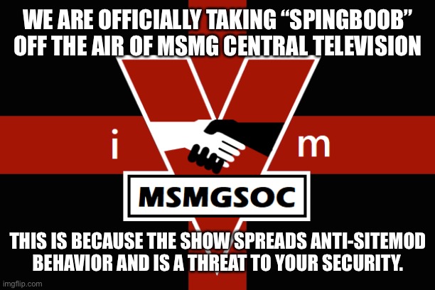 Aw hell naw spingboob get takes of tsee are | WE ARE OFFICIALLY TAKING “SPINGBOOB” OFF THE AIR OF MSMG CENTRAL TELEVISION; THIS IS BECAUSE THE SHOW SPREADS ANTI-SITEMOD BEHAVIOR AND IS A THREAT TO YOUR SECURITY. | image tagged in msmgsoc flag | made w/ Imgflip meme maker
