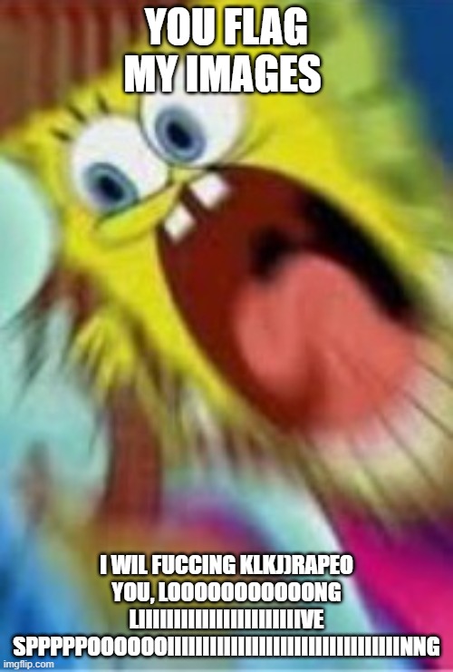 Yelling Spongebob | YOU FLAG MY IMAGES; I WIL FUCCING KLKJ)RAPEO YOU, LOOOOOOOOOOONG LIIIIIIIIIIIIIIIIIIIIIIIVE SPPPPPOOOOOOIIIIIIIIIIIIIIIIIIIIIIIIIIIIIIIIINNG | image tagged in yelling spongebob | made w/ Imgflip meme maker