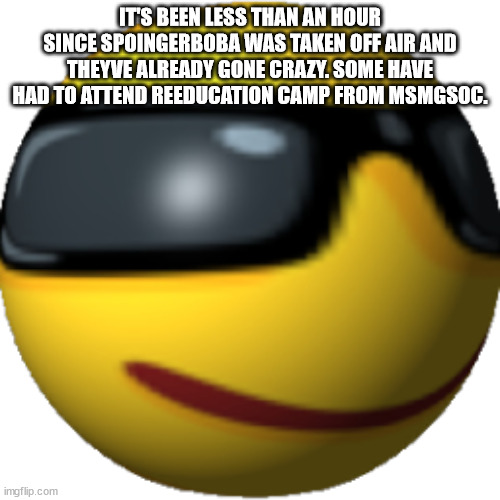 Kool boy | IT'S BEEN LESS THAN AN HOUR SINCE SPOINGERBOBA WAS TAKEN OFF AIR AND THEYVE ALREADY GONE CRAZY. SOME HAVE HAD TO ATTEND REEDUCATION CAMP FROM MSMGSOC. | image tagged in kool boy | made w/ Imgflip meme maker