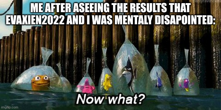 i don`t know what 2 do | ME AFTER ASEEING THE RESULTS THAT EVAXIEN2022 AND I WAS MENTALY DISAPOINTED: | image tagged in now what | made w/ Imgflip meme maker