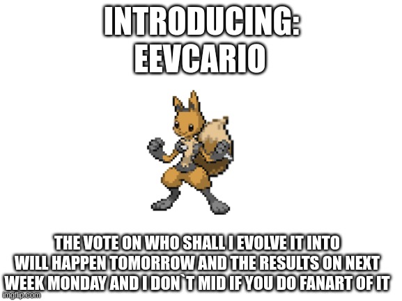 mew fella | EEVCARIO; INTRODUCING:; THE VOTE ON WHO SHALL I EVOLVE IT INTO WILL HAPPEN TOMORROW AND THE RESULTS ON NEXT WEEK MONDAY AND I DON`T MID IF YOU DO FANART OF IT | image tagged in blank white template | made w/ Imgflip meme maker