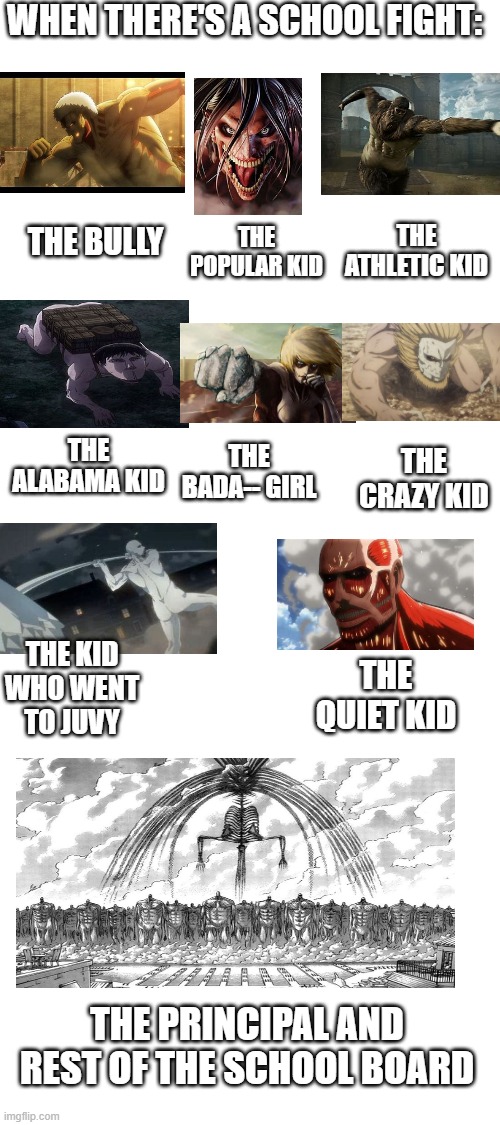 When there's a school fight: Attack on Titan edition | WHEN THERE'S A SCHOOL FIGHT:; THE BULLY; THE ATHLETIC KID; THE POPULAR KID; THE ALABAMA KID; THE BADA-- GIRL; THE CRAZY KID; THE KID WHO WENT TO JUVY; THE QUIET KID; THE PRINCIPAL AND REST OF THE SCHOOL BOARD | image tagged in blank white template | made w/ Imgflip meme maker