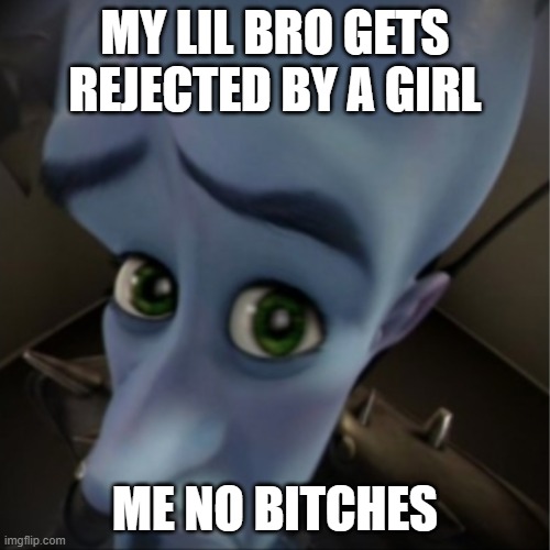 no bitches | MY LIL BRO GETS REJECTED BY A GIRL; ME NO BITCHES | image tagged in megamind peeking | made w/ Imgflip meme maker