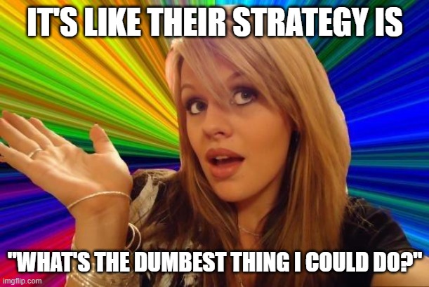 Dumb Blonde Meme | IT'S LIKE THEIR STRATEGY IS "WHAT'S THE DUMBEST THING I COULD DO?" | image tagged in memes,dumb blonde | made w/ Imgflip meme maker