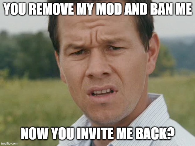 yeah I guess | YOU REMOVE MY MOD AND BAN ME; NOW YOU INVITE ME BACK? | image tagged in huh | made w/ Imgflip meme maker