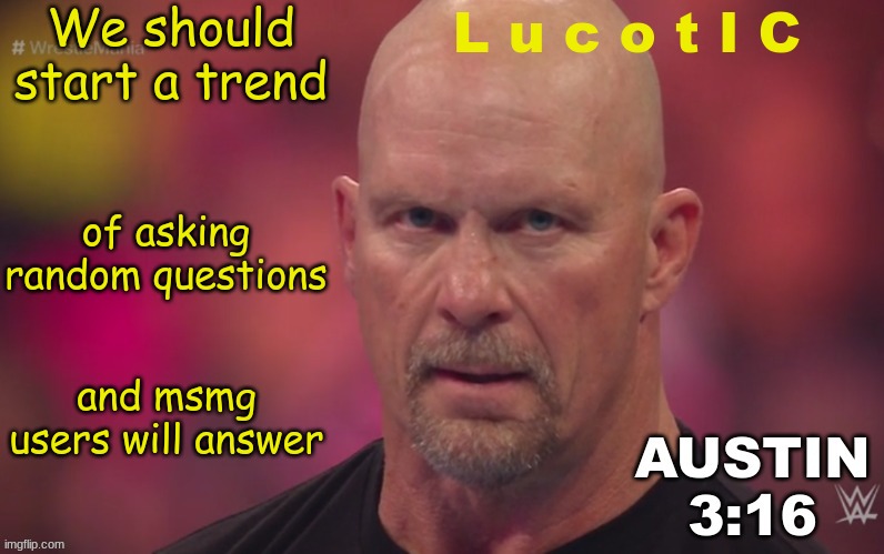 why not | We should start a trend; L u c o t I C; of asking random questions; and msmg users will answer | image tagged in steve austin template | made w/ Imgflip meme maker