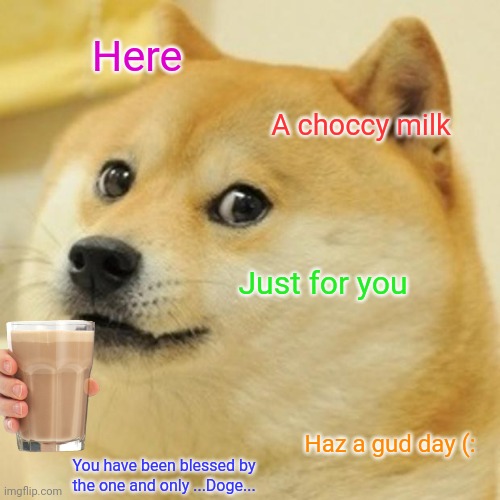 Have a drink | Here; A choccy milk; Just for you; Haz a gud day (:; You have been blessed by the one and only ...Doge... | image tagged in memes,doge | made w/ Imgflip meme maker