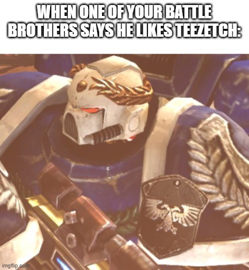 yes I'm looking at you | WHEN ONE OF YOUR BATTLE BROTHERS SAYS HE LIKES TEEZETCH: | image tagged in what | made w/ Imgflip meme maker