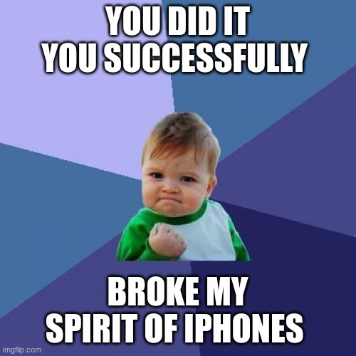 Success Kid Meme | YOU DID IT YOU SUCCESSFULLY BROKE MY SPIRIT OF IPHONES | image tagged in memes,success kid | made w/ Imgflip meme maker