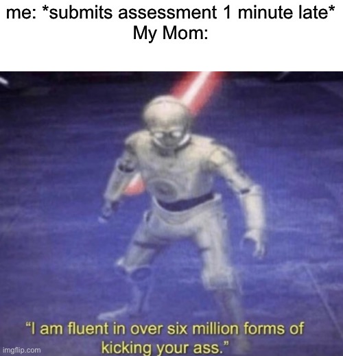 so true tho | me: *submits assessment 1 minute late*
My Mom: | image tagged in i am fluent in over six million forms of kicking your ass | made w/ Imgflip meme maker