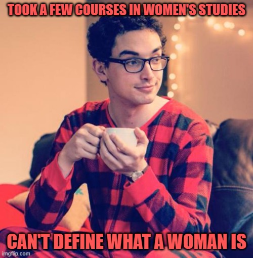 Pajama Boy | TOOK A FEW COURSES IN WOMEN'S STUDIES; CAN'T DEFINE WHAT A WOMAN IS | image tagged in pajama boy | made w/ Imgflip meme maker