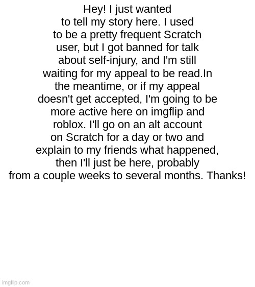 Hey! | Hey! I just wanted to tell my story here. I used to be a pretty frequent Scratch user, but I got banned for talk about self-injury, and I'm still waiting for my appeal to be read.In the meantime, or if my appeal doesn't get accepted, I'm going to be more active here on imgflip and roblox. I'll go on an alt account on Scratch for a day or two and explain to my friends what happened, then I'll just be here, probably from a couple weeks to several months. Thanks! | image tagged in blank white template,scratch,banned | made w/ Imgflip meme maker