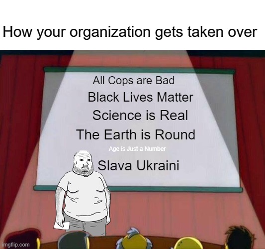 This guy makes a lot of valid points! | How your organization gets taken over; All Cops are Bad; Black Lives Matter; Science is Real; The Earth is Round; Age is Just a Number; Slava Ukraini | made w/ Imgflip meme maker