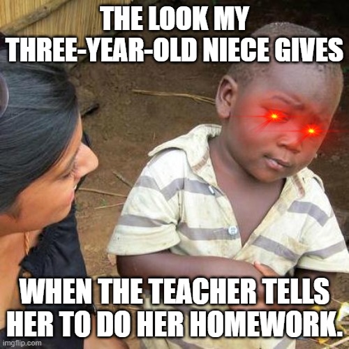 Third World Skeptical Kid | THE LOOK MY THREE-YEAR-OLD NIECE GIVES; WHEN THE TEACHER TELLS HER TO DO HER HOMEWORK. | image tagged in memes,third world skeptical kid | made w/ Imgflip meme maker